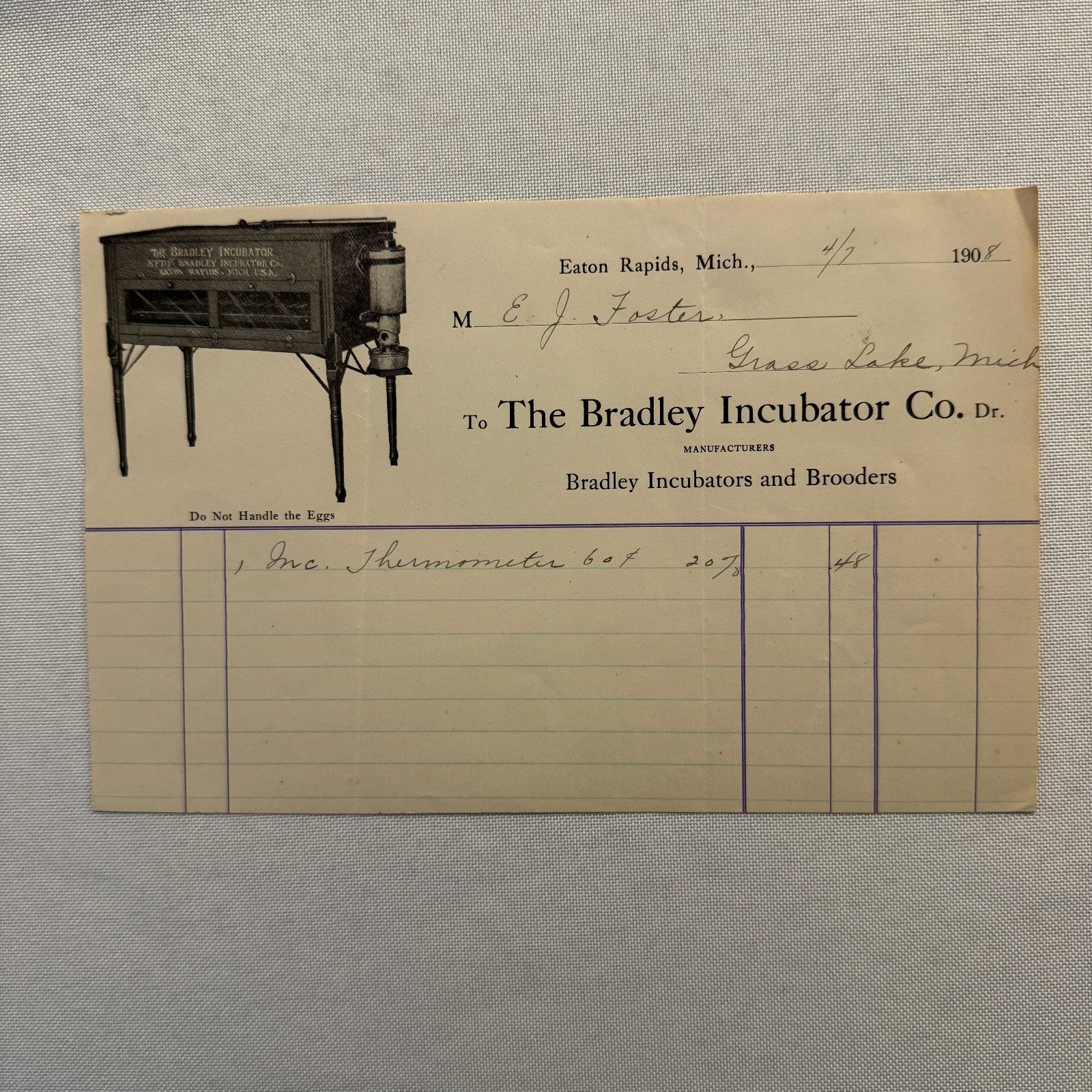 The Bradley Inubator Company Letterhead Invoice Document 1908 Eaton Rapids MI