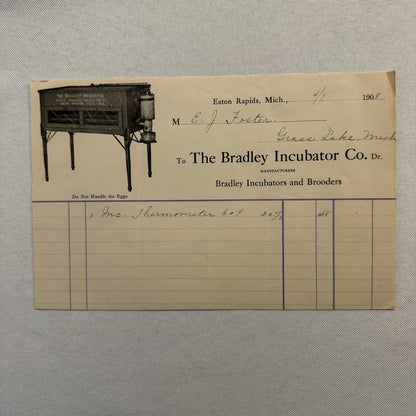 The Bradley Inubator Company Letterhead Invoice Document 1908 Eaton Rapids MI