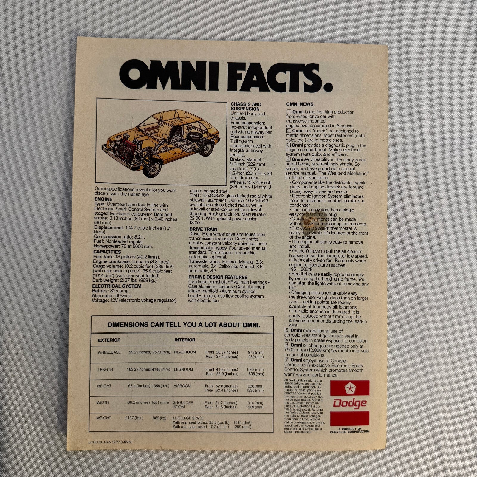 1978 Dodge Omni Car Sales Brochure Catalog Vintage Advertising