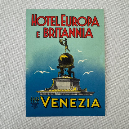 Vintage Hotel Travel Luggage Label Hotel Europa E Britannia Venezia Venice Italy