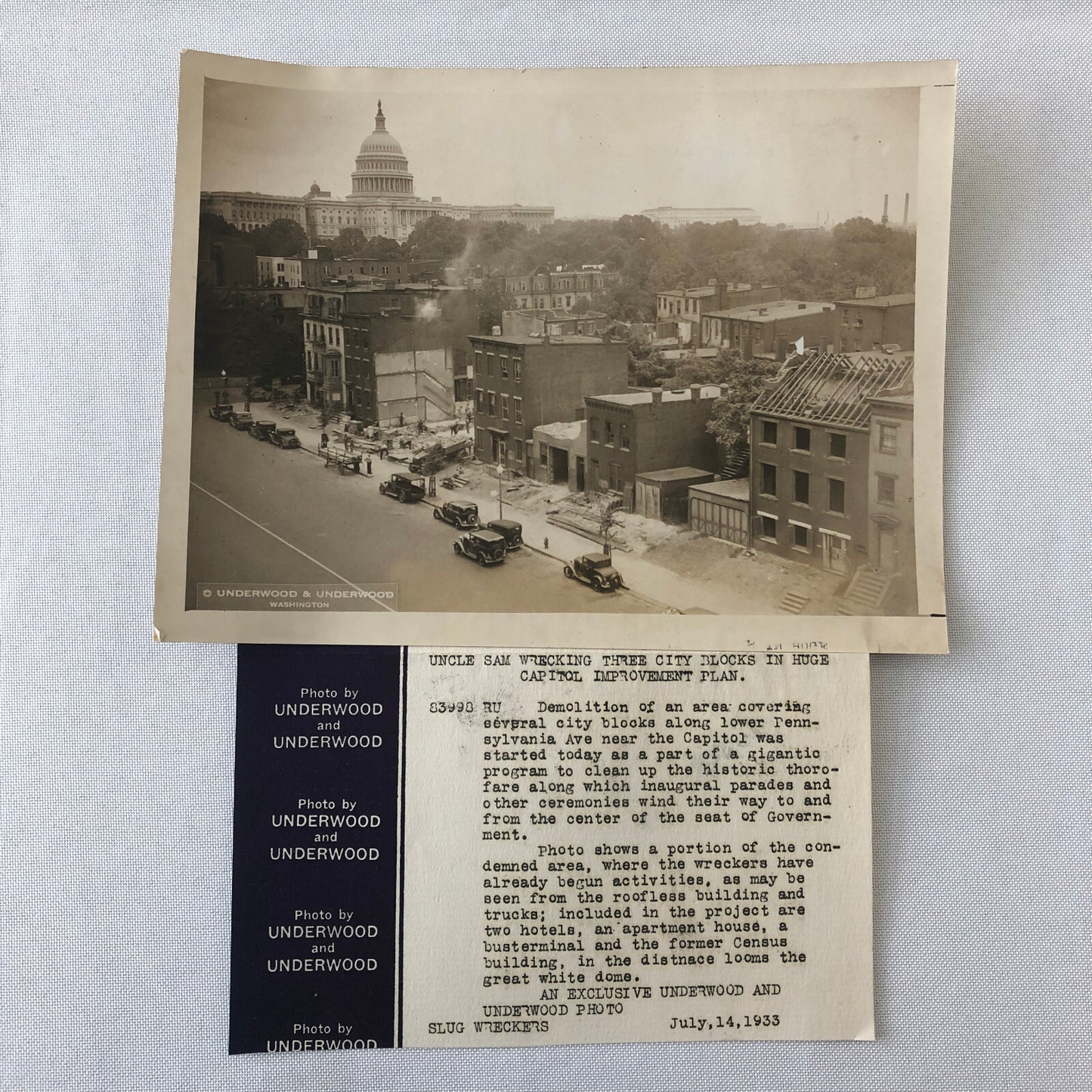 Press Photo Photograph Washington Capitol Construction Demolition 1933 Cars