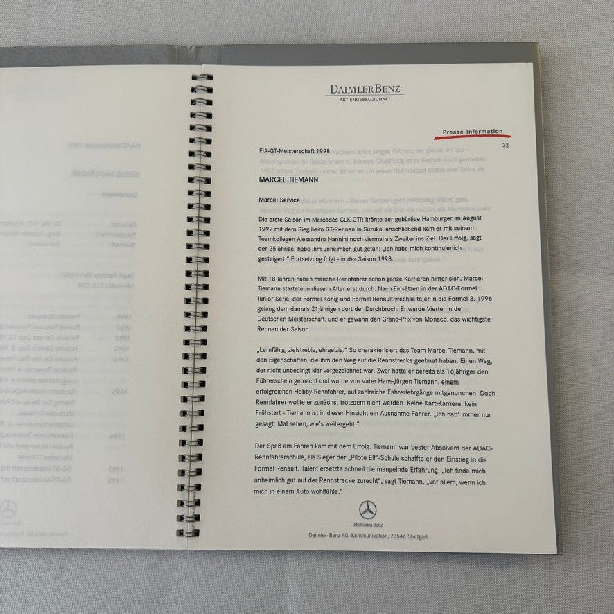 1998 Mercedes CLK GTR GT Racing Press Kit Photos Mark Webber Driver GERMAN