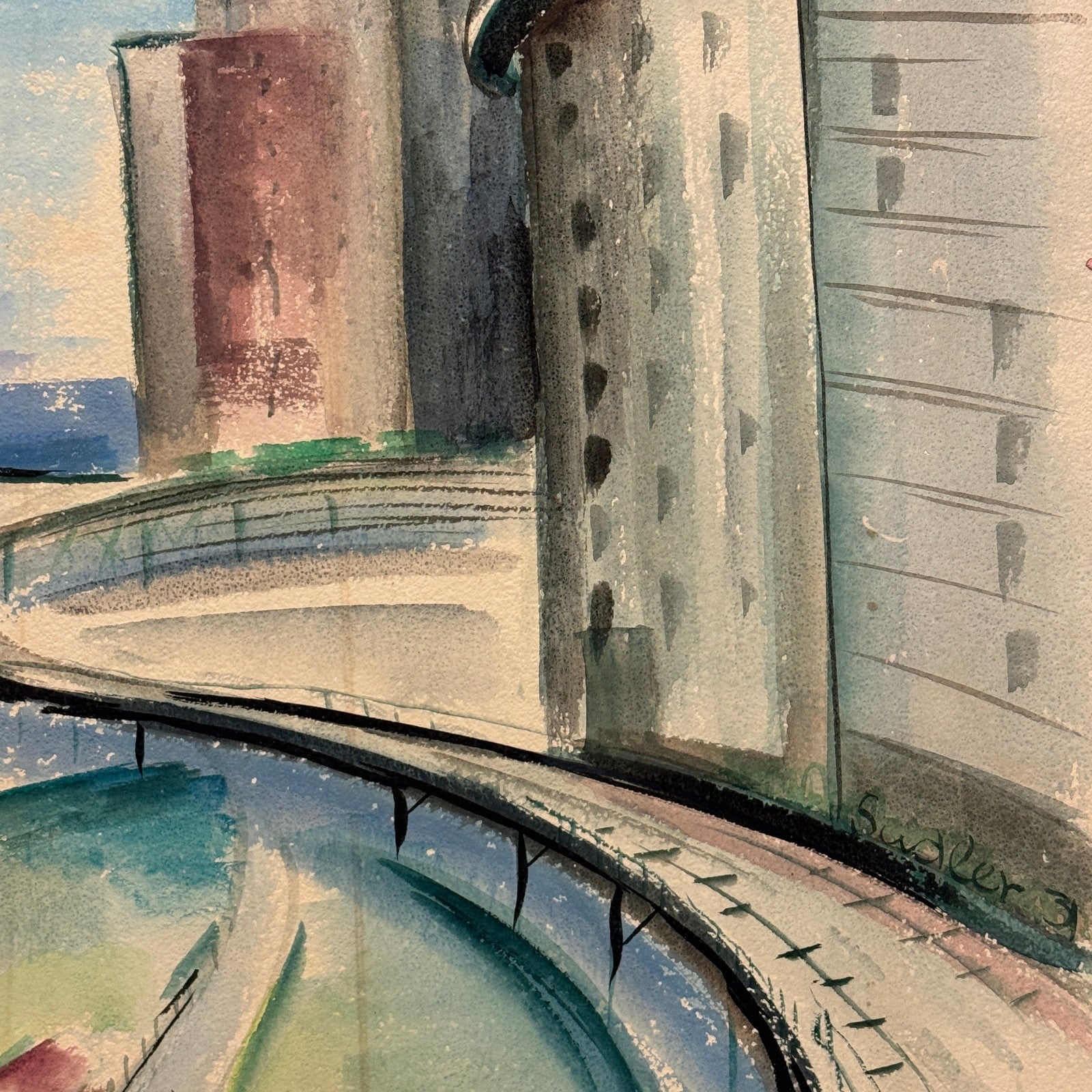 Vintage Painting Art Artwork Artist Arthur E Sudler Buildings Road Water