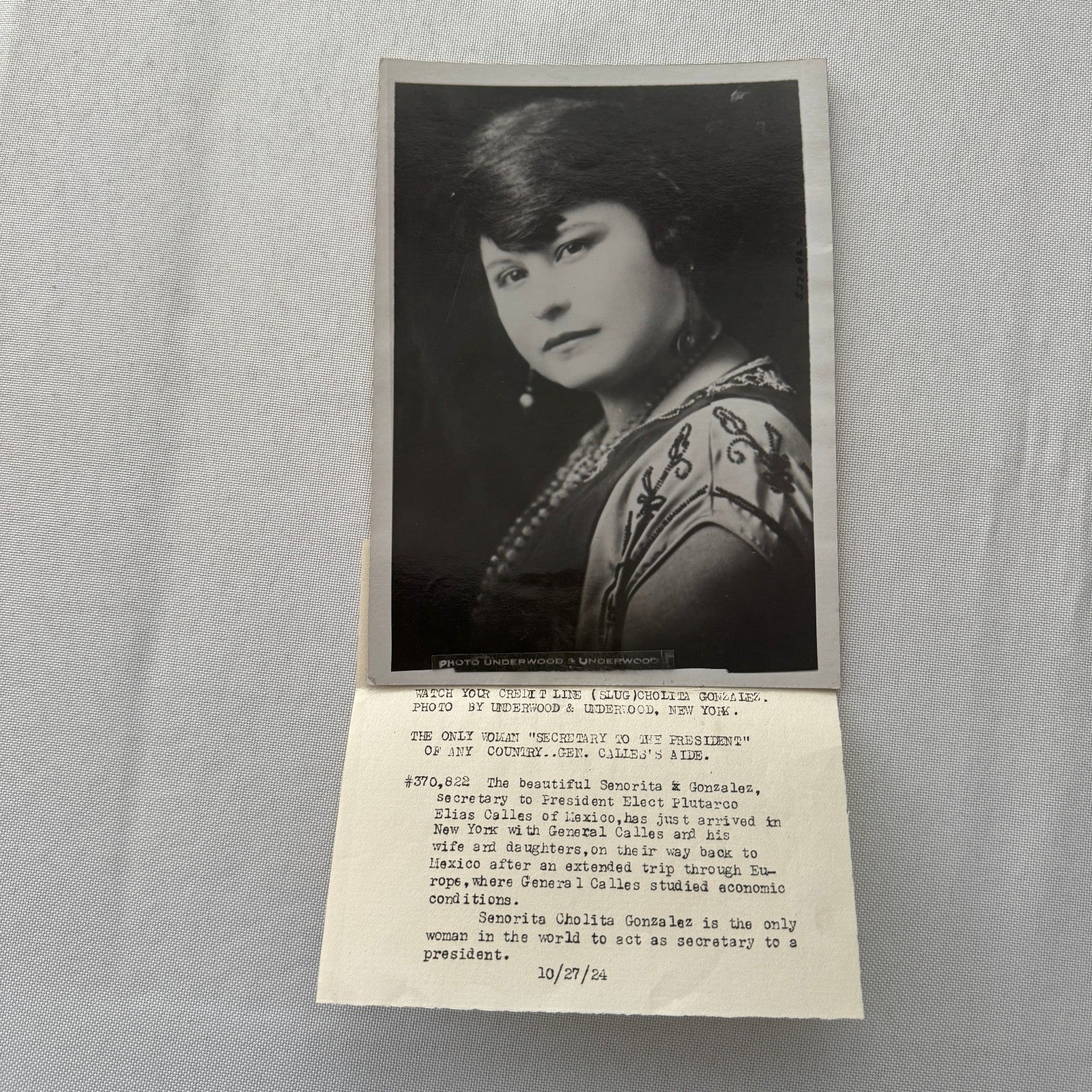 Mexican Secretary to the President Cholita Gonzalez Press Photo 1924 Photograph