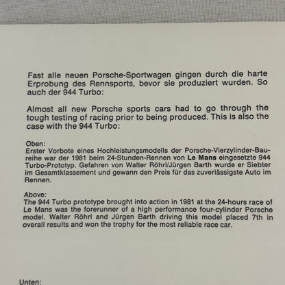 1984 Porsche 944 Turbo Racing Factory Press Photo Photograph Print