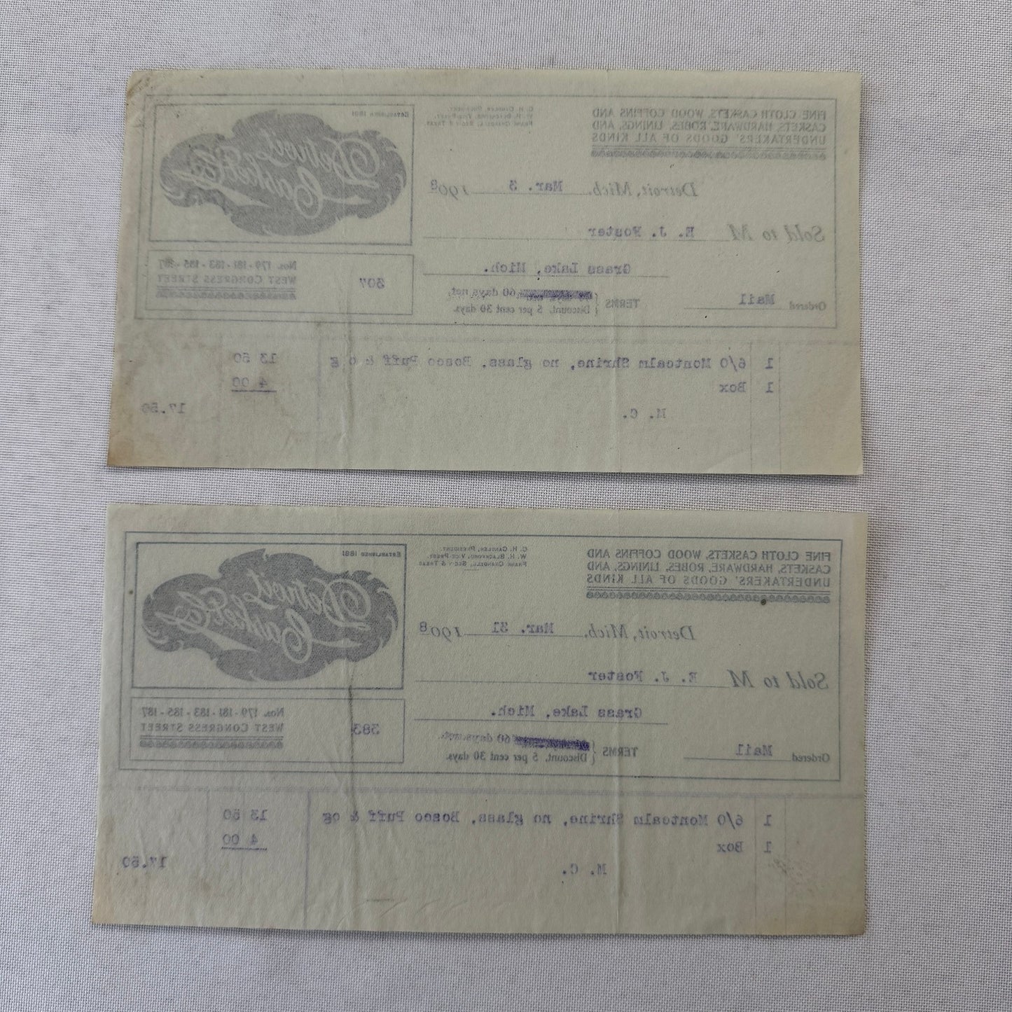 Detroit Casket Company 1908 Invoice Receipt Document Lot 2x Funeral