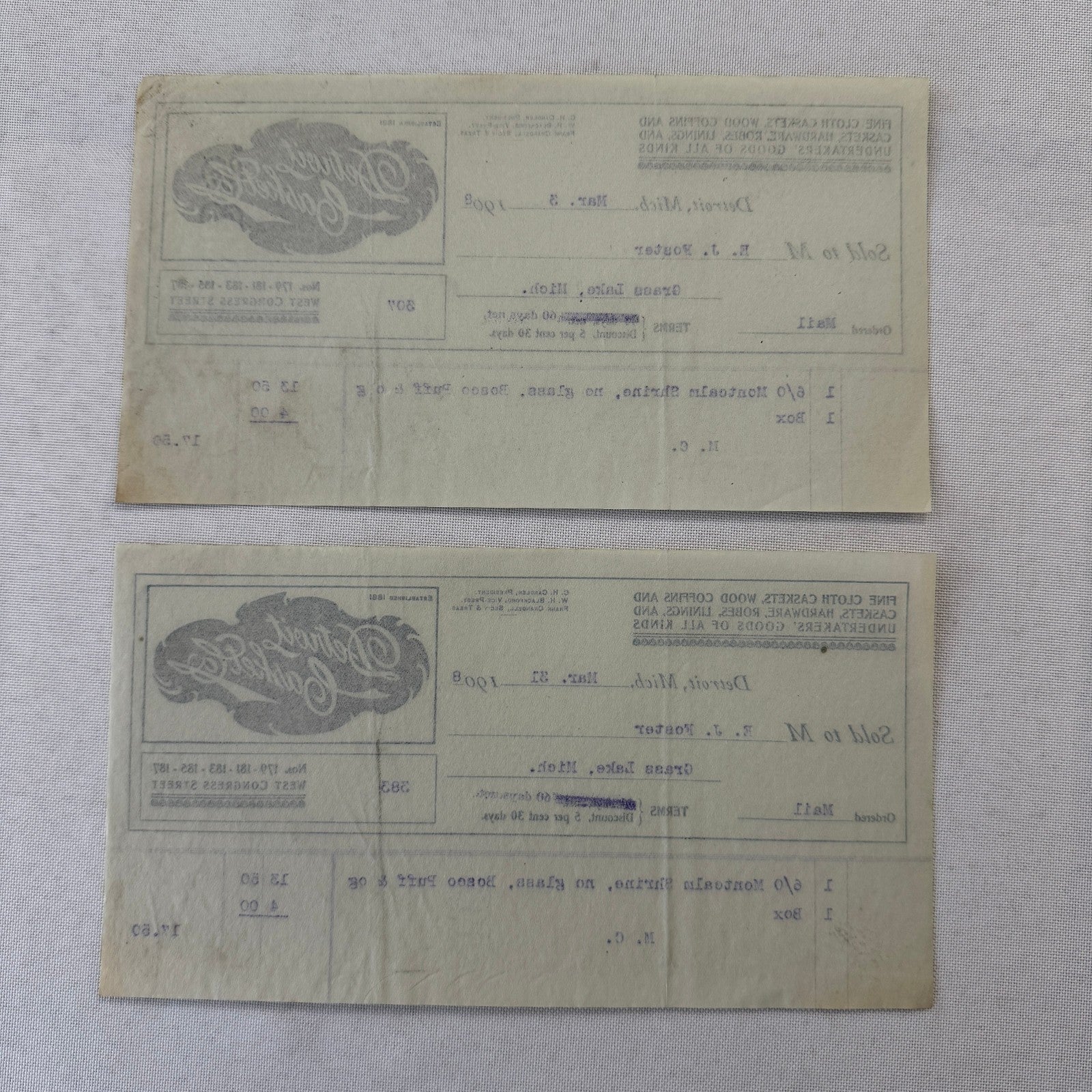 Detroit Casket Company 1908 Invoice Receipt Document Lot 2x Funeral