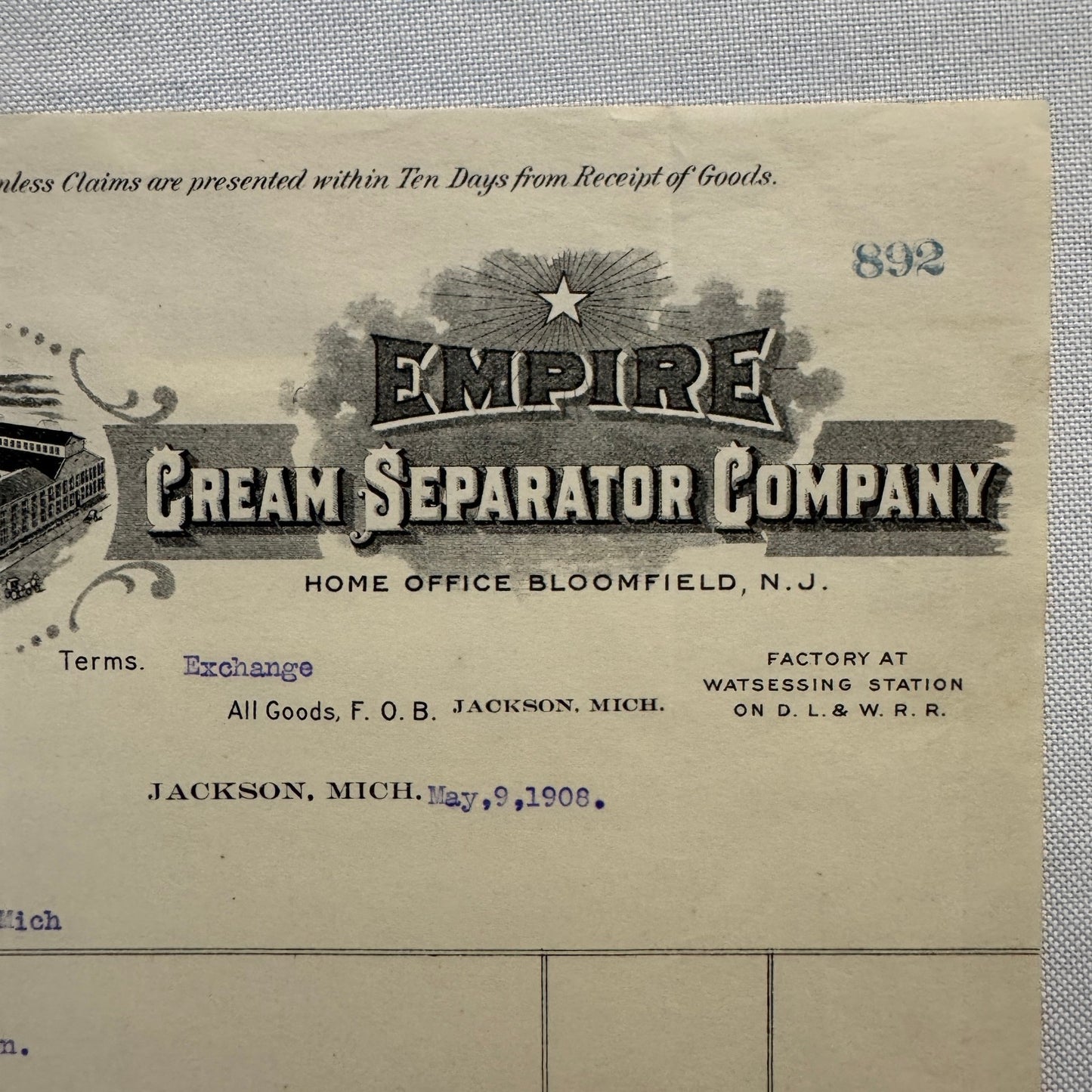 Empire Cream Separator Company New Jersey Michigan Letterhead Document 1908