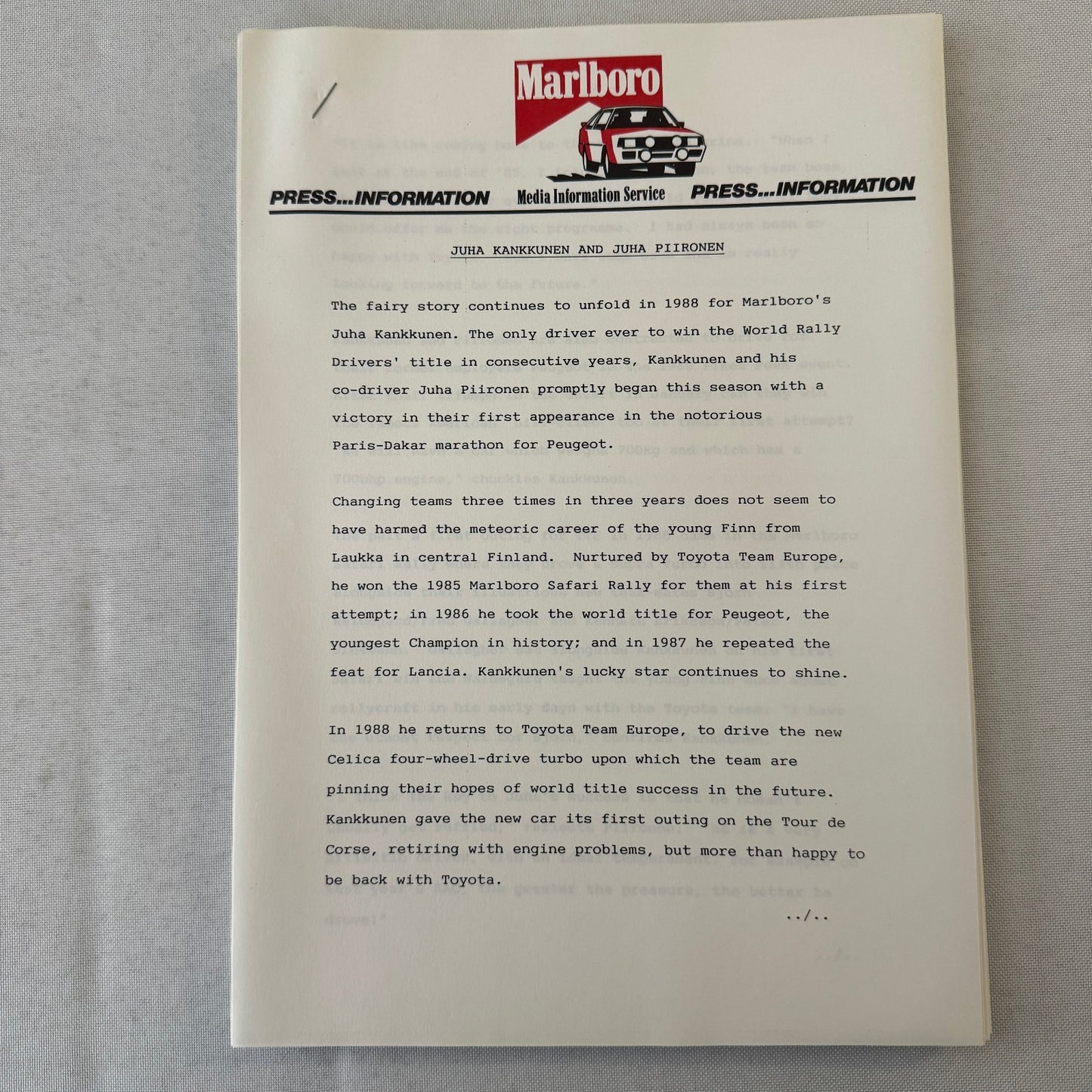 1988 Marlboro Rally Racing World Championship Press Kit Mazda Lancia Toyota