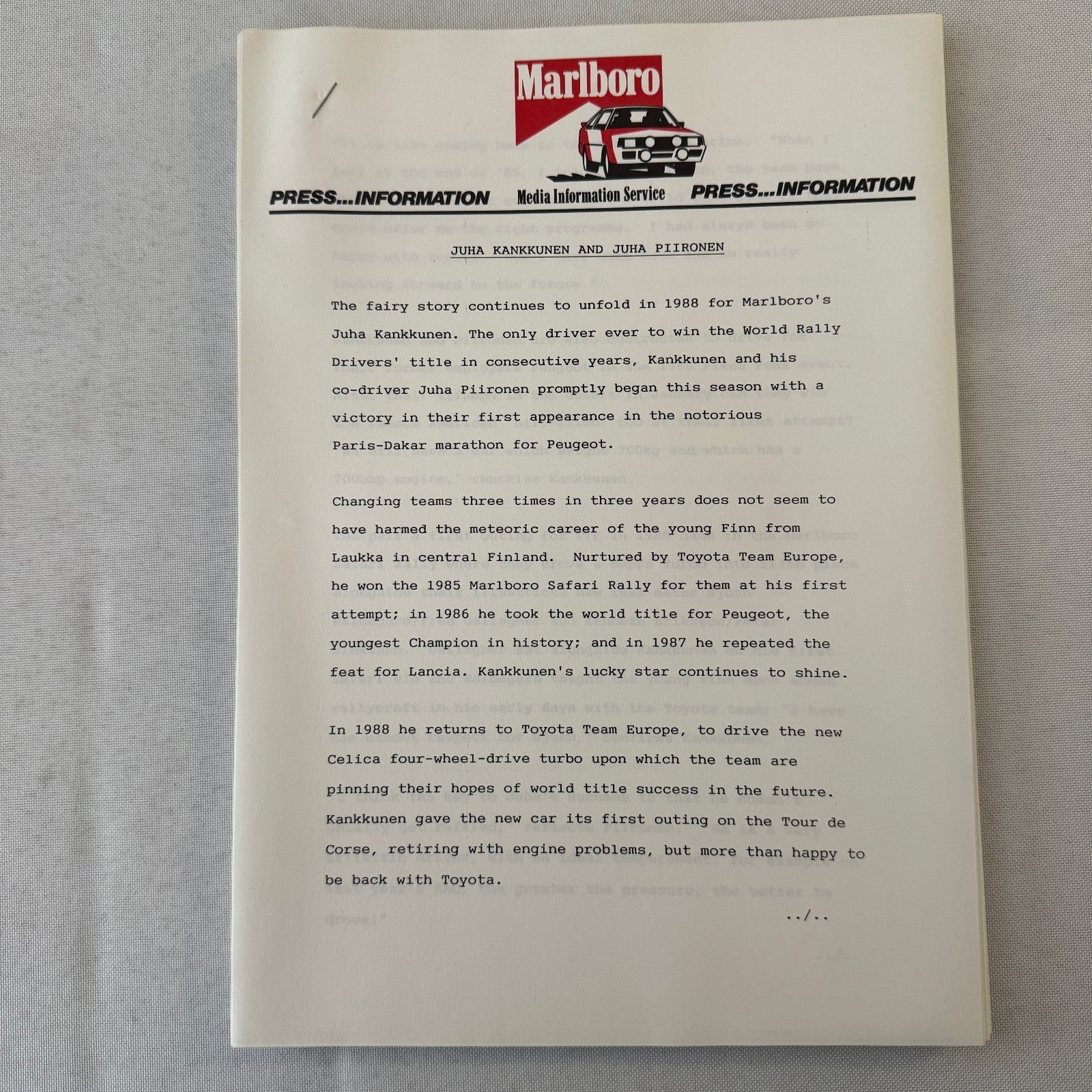 1988 Marlboro Rally Racing World Championship Press Kit Mazda Lancia Toyota