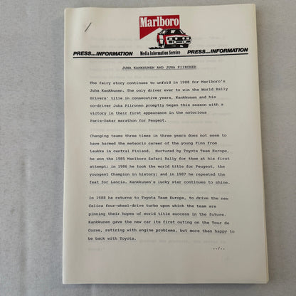 1988 Marlboro Rally Racing World Championship Press Kit Mazda Lancia Toyota