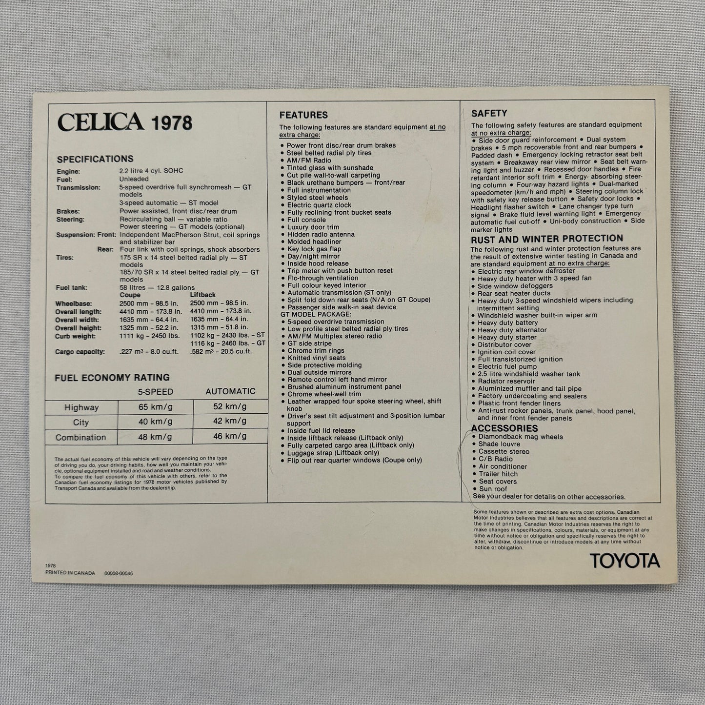 1978 Toyota Celica Car Sales Brochure Catalog Canadian GT Liftback and GT Coupe