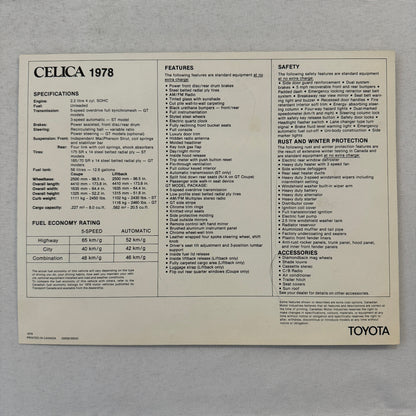 1978 Toyota Celica Car Sales Brochure Catalog Canadian GT Liftback and GT Coupe