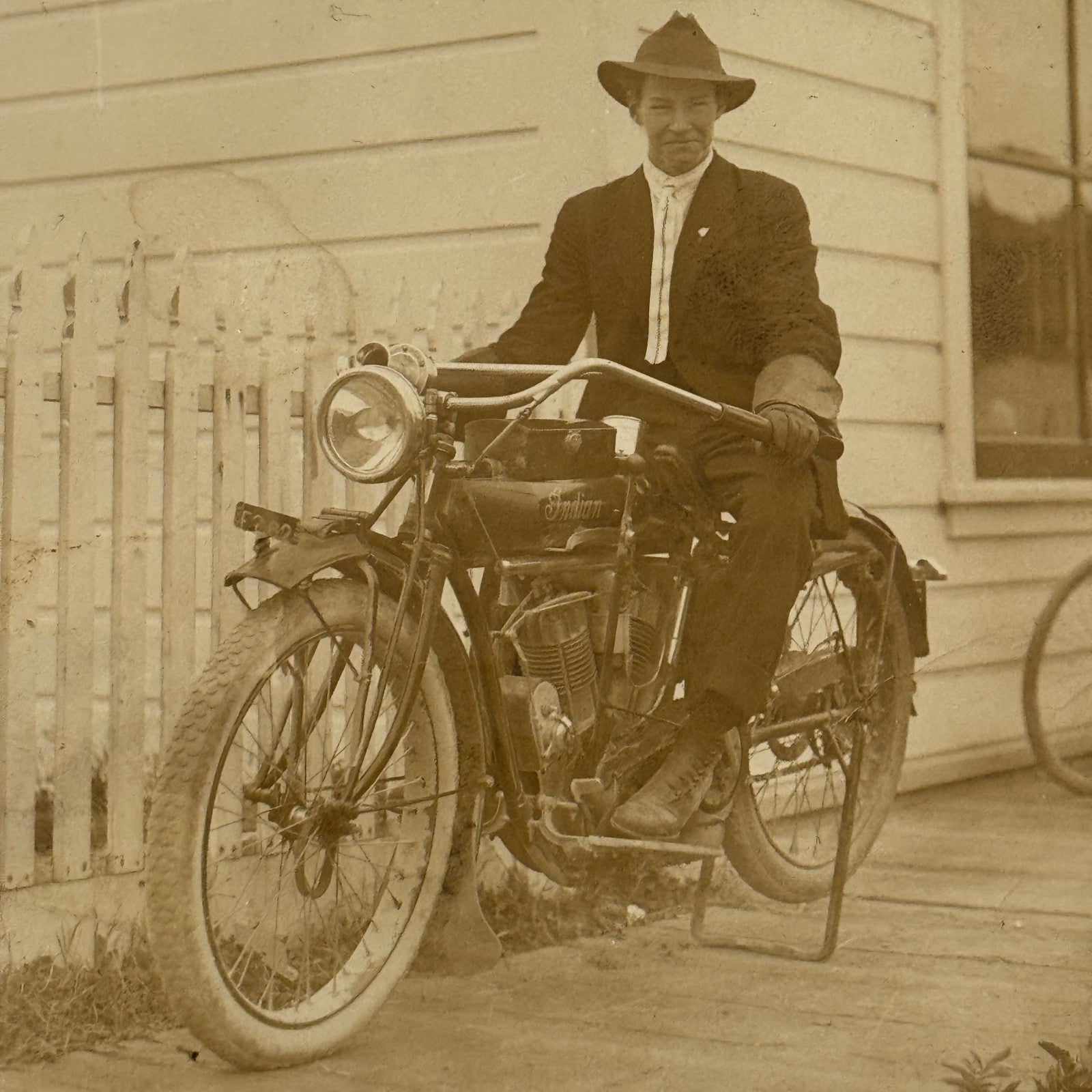 Antique Indian Motorcycle Bicycle Rider Real Photo Postcard RPPC Vintage Bike