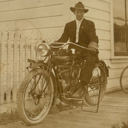 Antique Indian Motorcycle Bicycle Rider Real Photo Postcard RPPC Vintage Bike