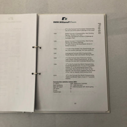 2001 BMW Williams F1 Press Kit Ralf Schumacher Juan Pablo Montoya Brochure