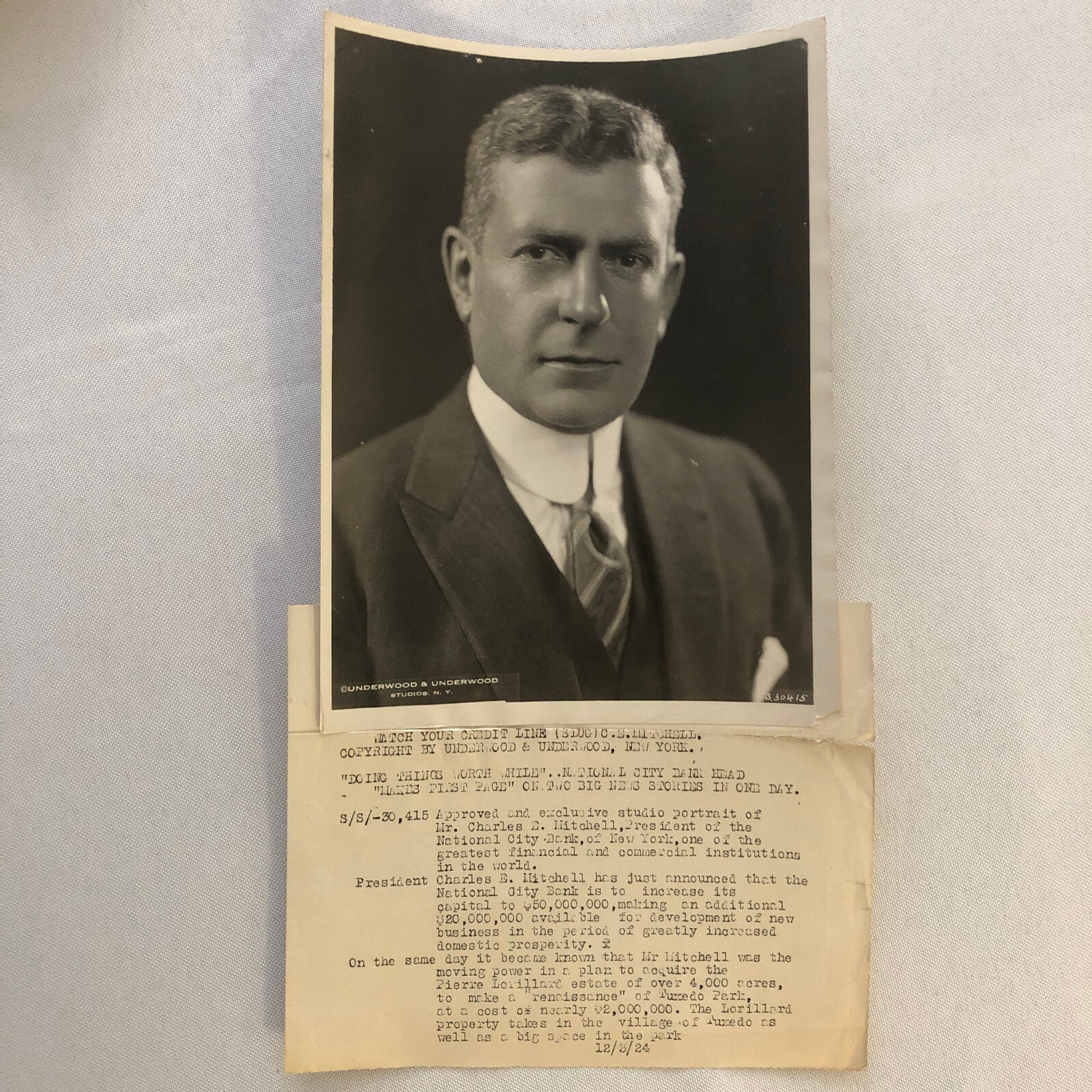 Press Photo Photograph Banker Portrait Charles Mitchell National City Bank 1924