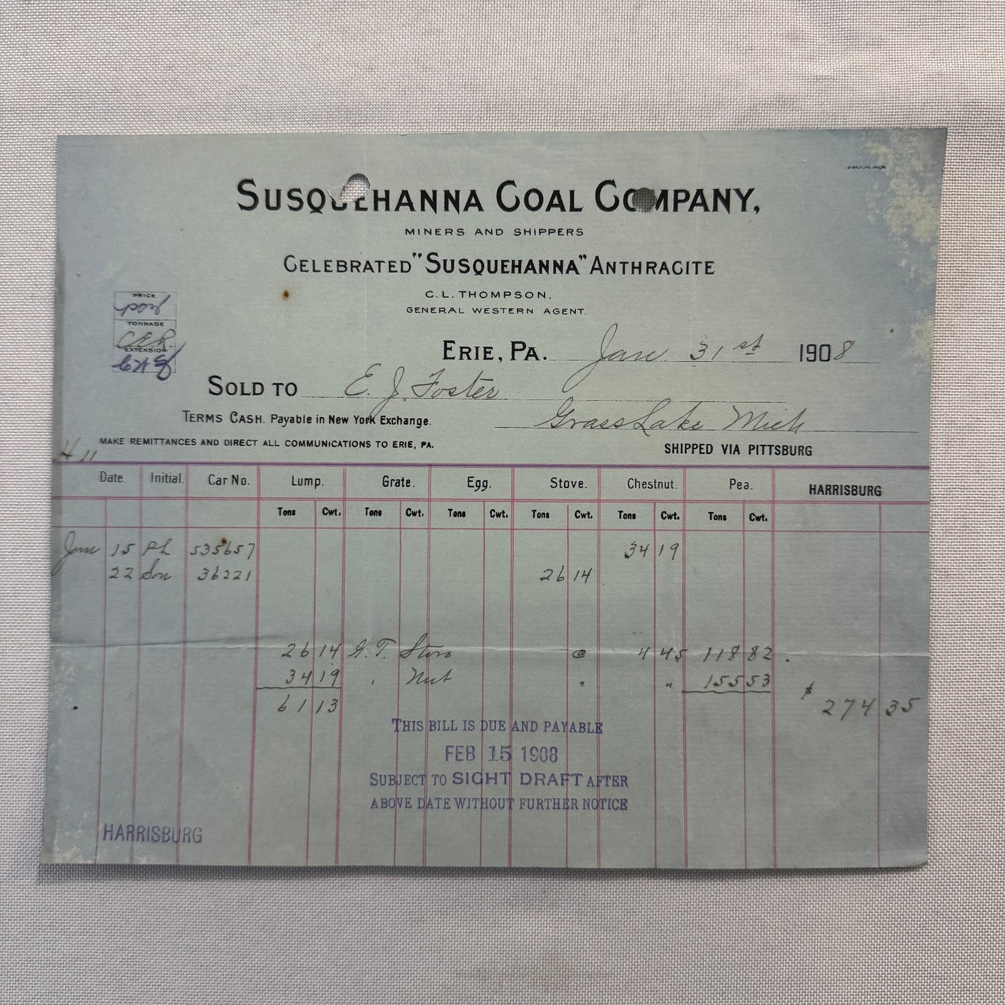 1908 Susquehanna Coal Company Invoice Receipt Document Lot 6x Erie Pennsylvania