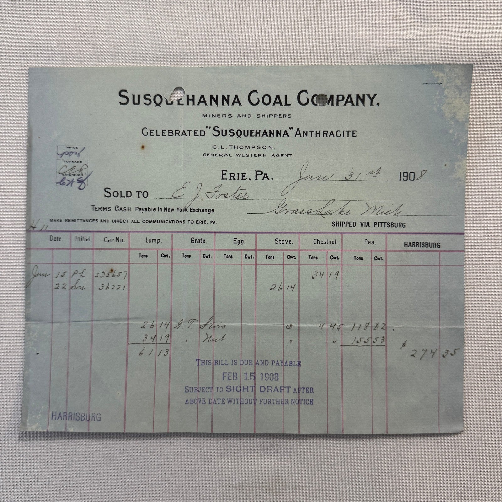 1908 Susquehanna Coal Company Invoice Receipt Document Lot 6x Erie Pennsylvania