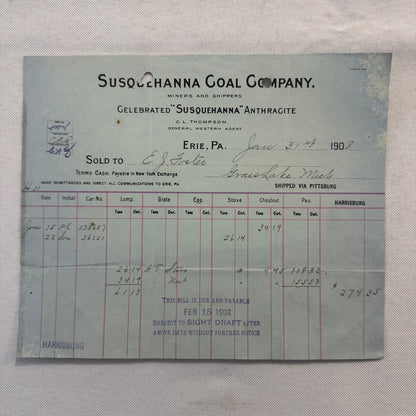 1908 Susquehanna Coal Company Invoice Receipt Document Lot 6x Erie Pennsylvania