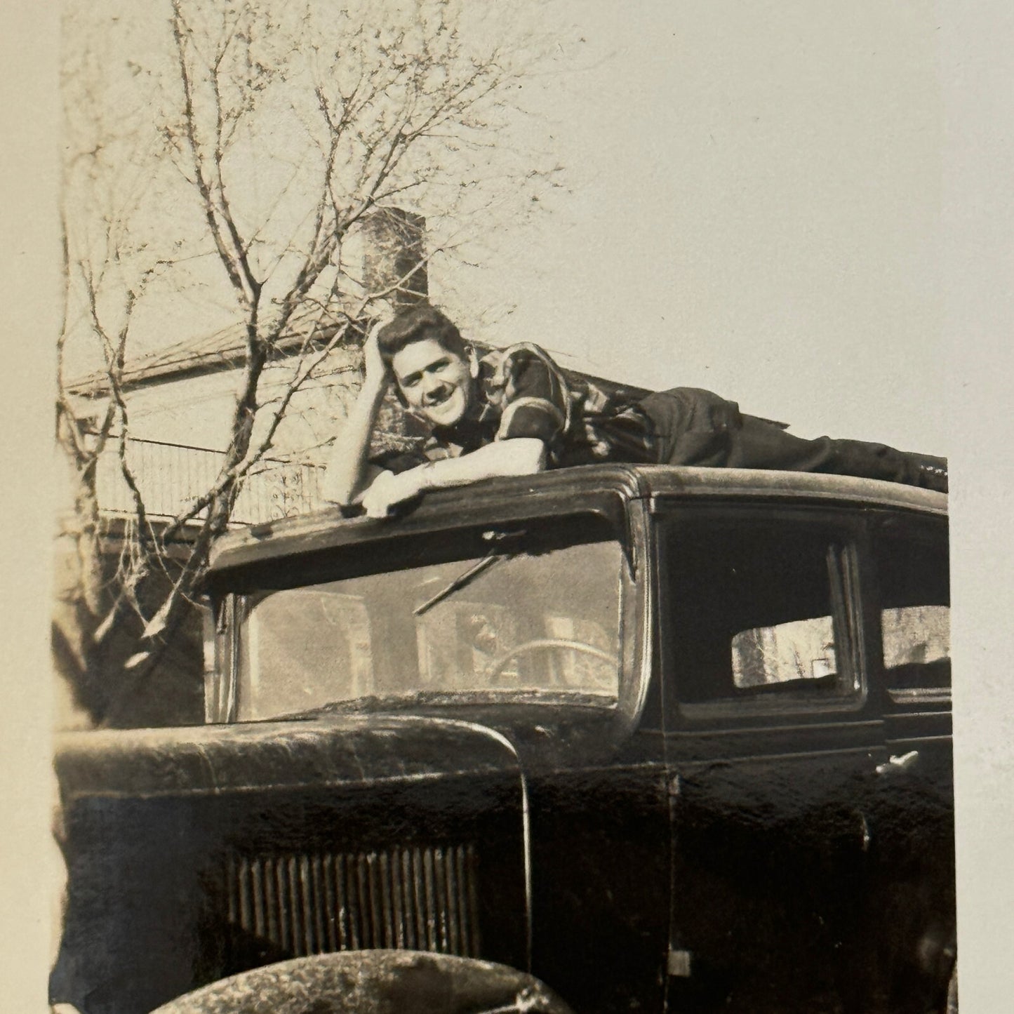 Man with Early Car Automobile Vintage Snapshot Photo Photograph