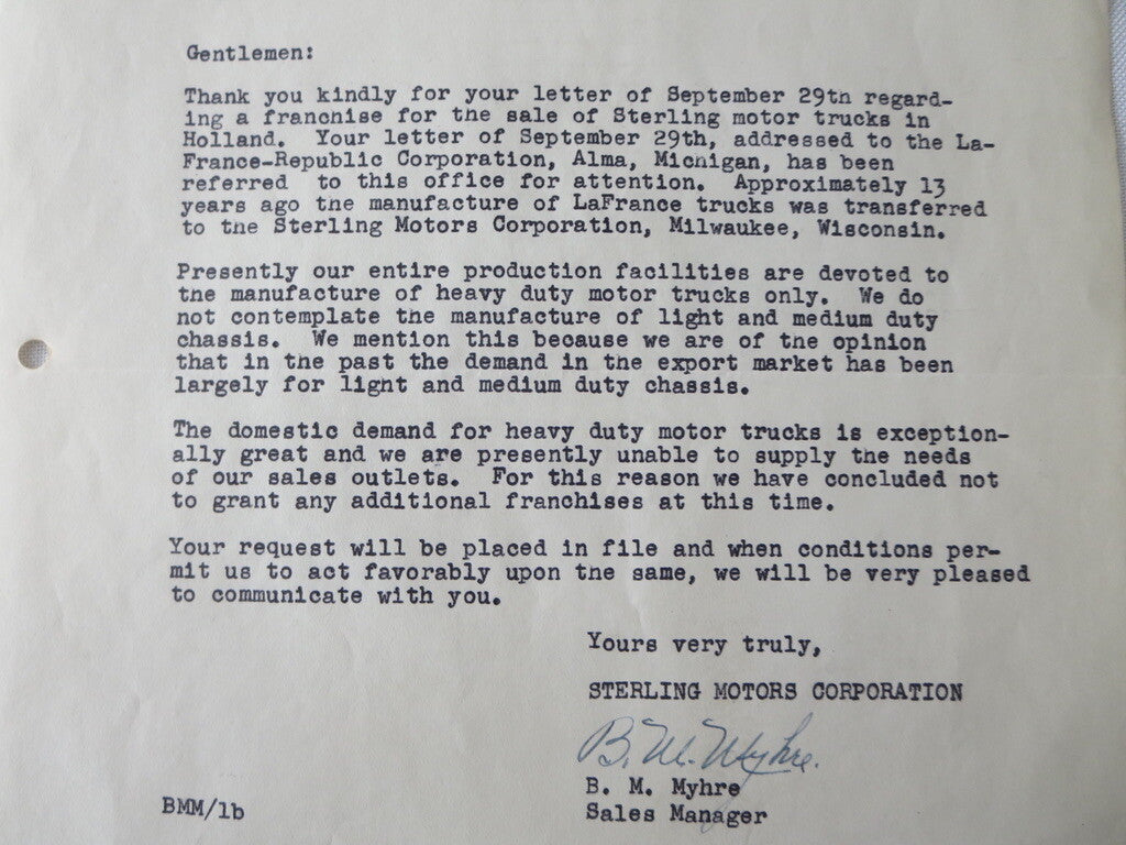 1945 Sterling Motor Truck Corporation Letter Letterhead Document 