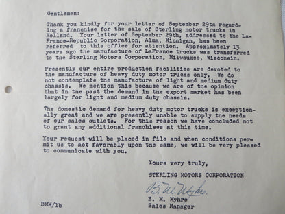 1945 Sterling Motor Truck Corporation Letter Letterhead Document 