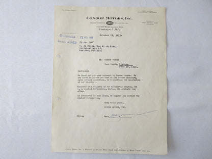 1945 Condor Motors Letter Dealership Truck Company Letterhead Document