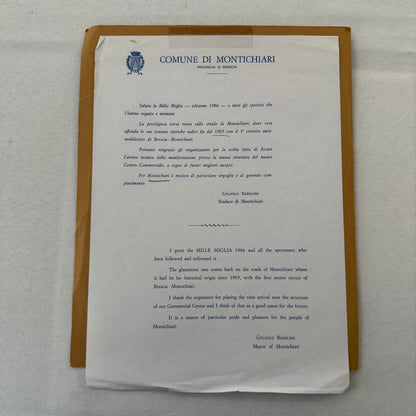 Mille Miglia Montichiari Italy 1986 Letter From Mayor with Vintage Photos 1986