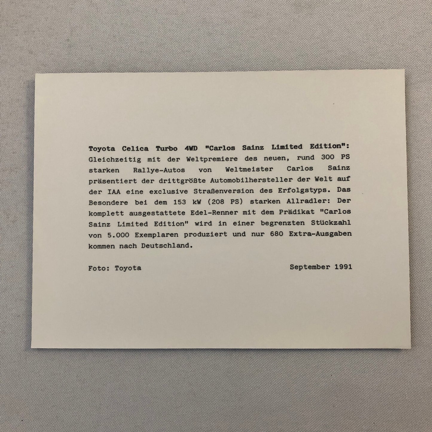 1991 Toyota Celica Carlos Sainz Limited Edition Factory Press Photo Photograph