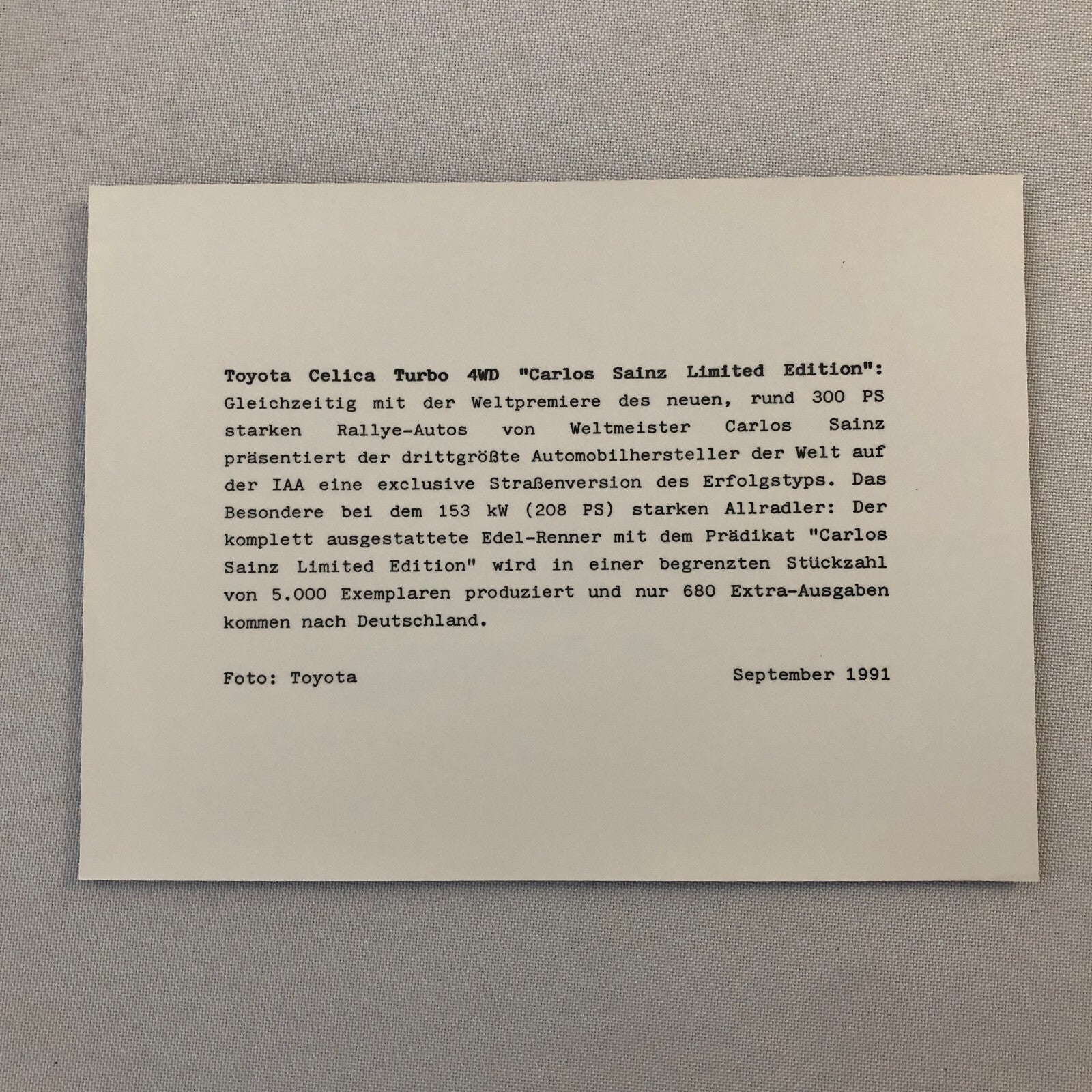 1991 Toyota Celica Carlos Sainz Limited Edition Factory Press Photo Photograph