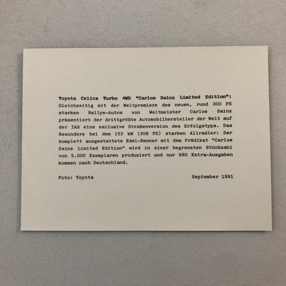 1991 Toyota Celica Carlos Sainz Limited Edition Factory Press Photo Photograph