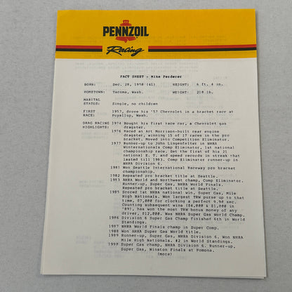 Vintage Pennzoil Racing Press Kit Top Fuel Dragster Pontiac Trans Am
