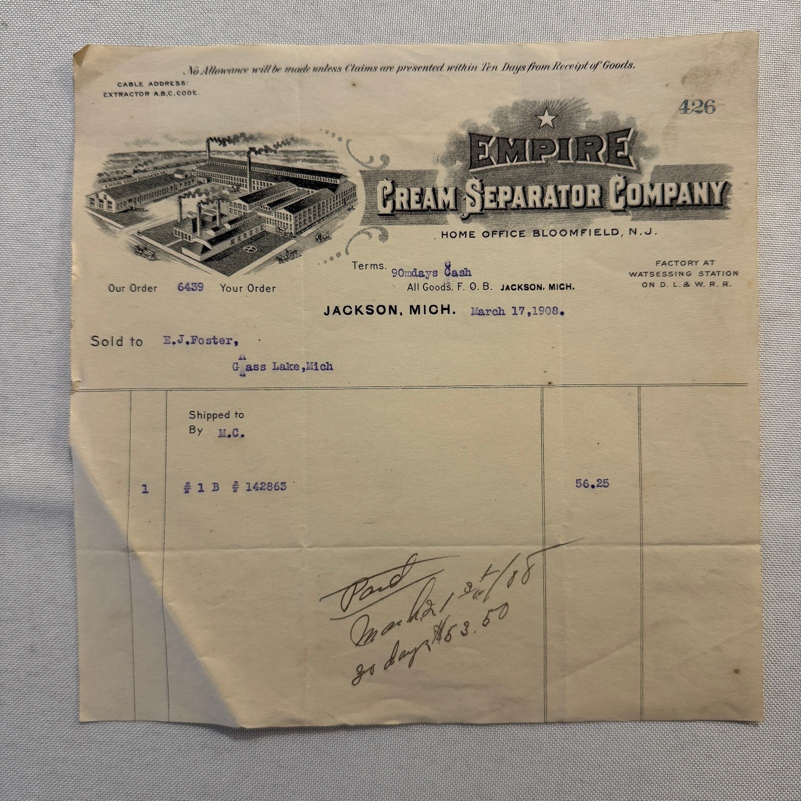 1908 Empire Cream Separator Company Document Invoice Letterhead Bloomfield NJ