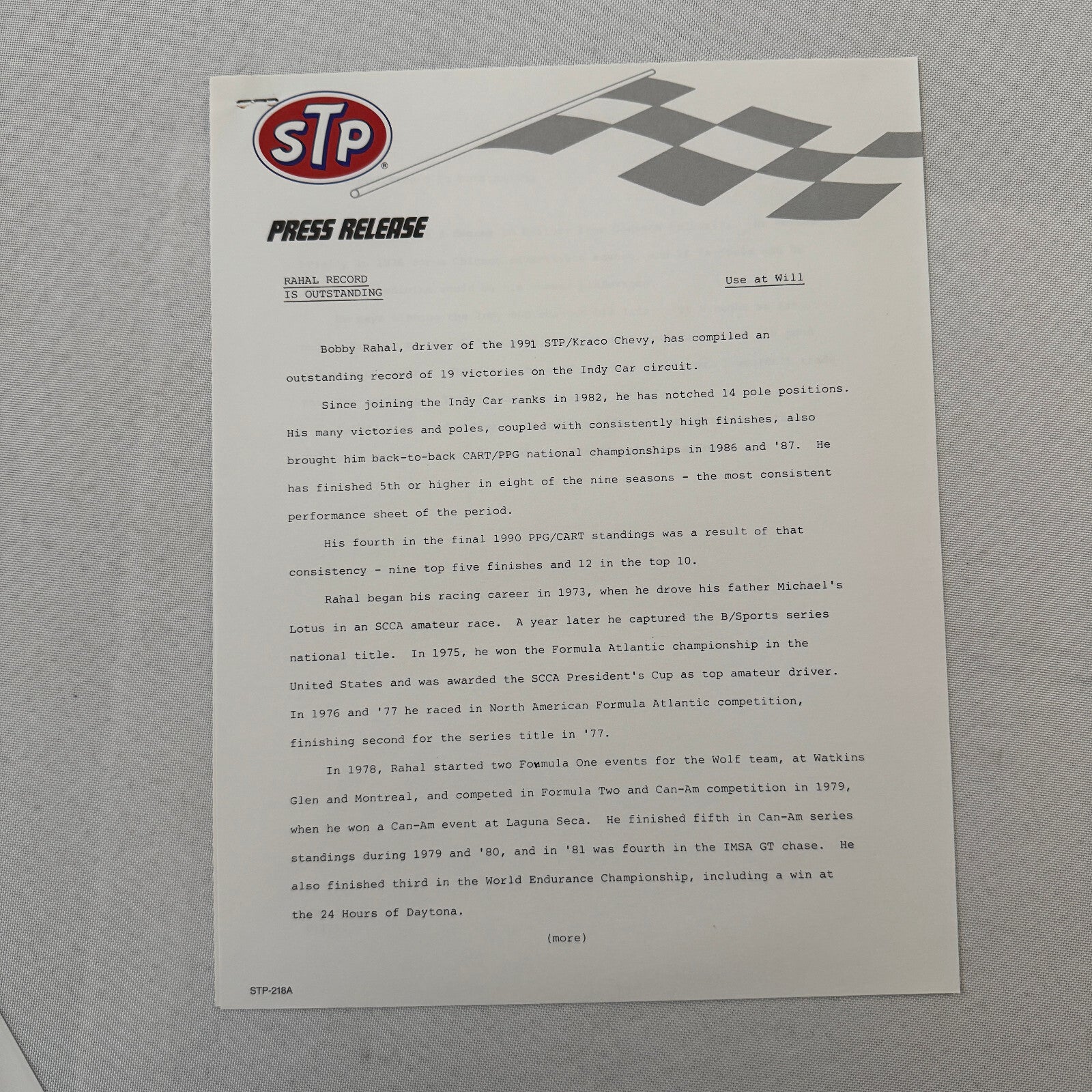 STP Racing Bobby Rahal Kraco Chevy Chevrolet CART PPG Racing Press Kit Brochure