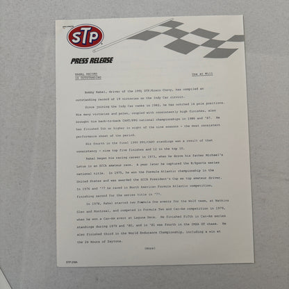 STP Racing Bobby Rahal Kraco Chevy Chevrolet CART PPG Racing Press Kit Brochure