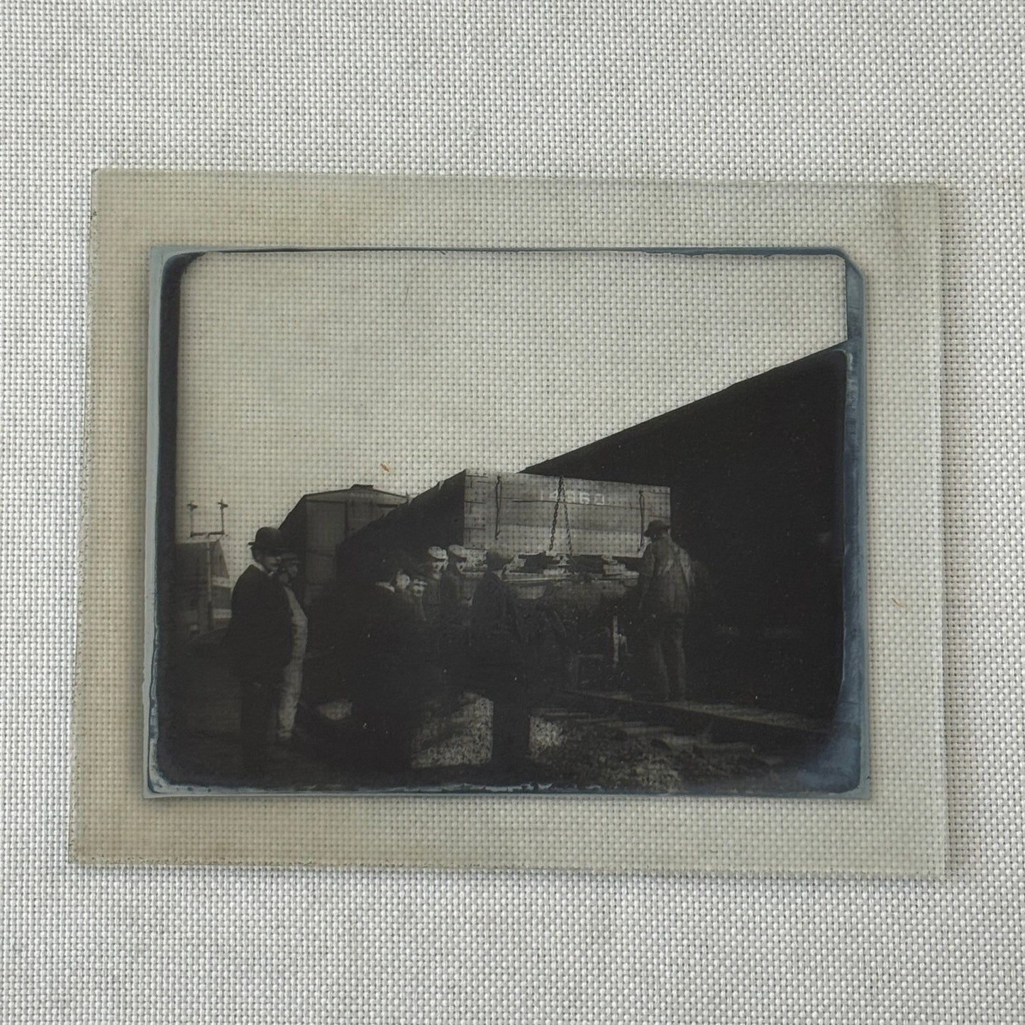 Antique Glass Plate Lantern Slide Photo Men with Train Railroad Railway