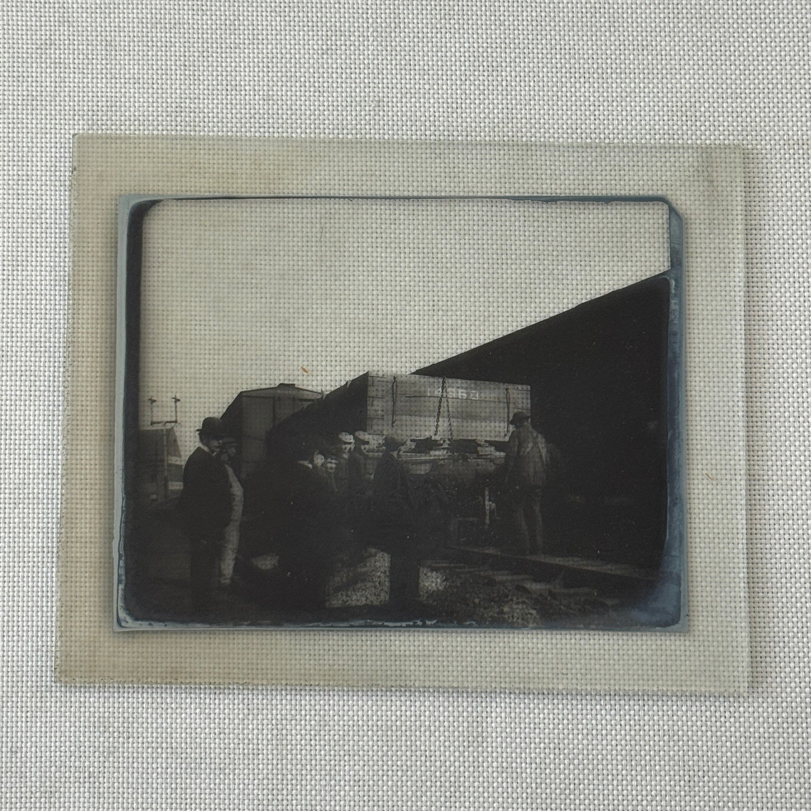 Antique Glass Plate Lantern Slide Photo Men with Train Railroad Railway