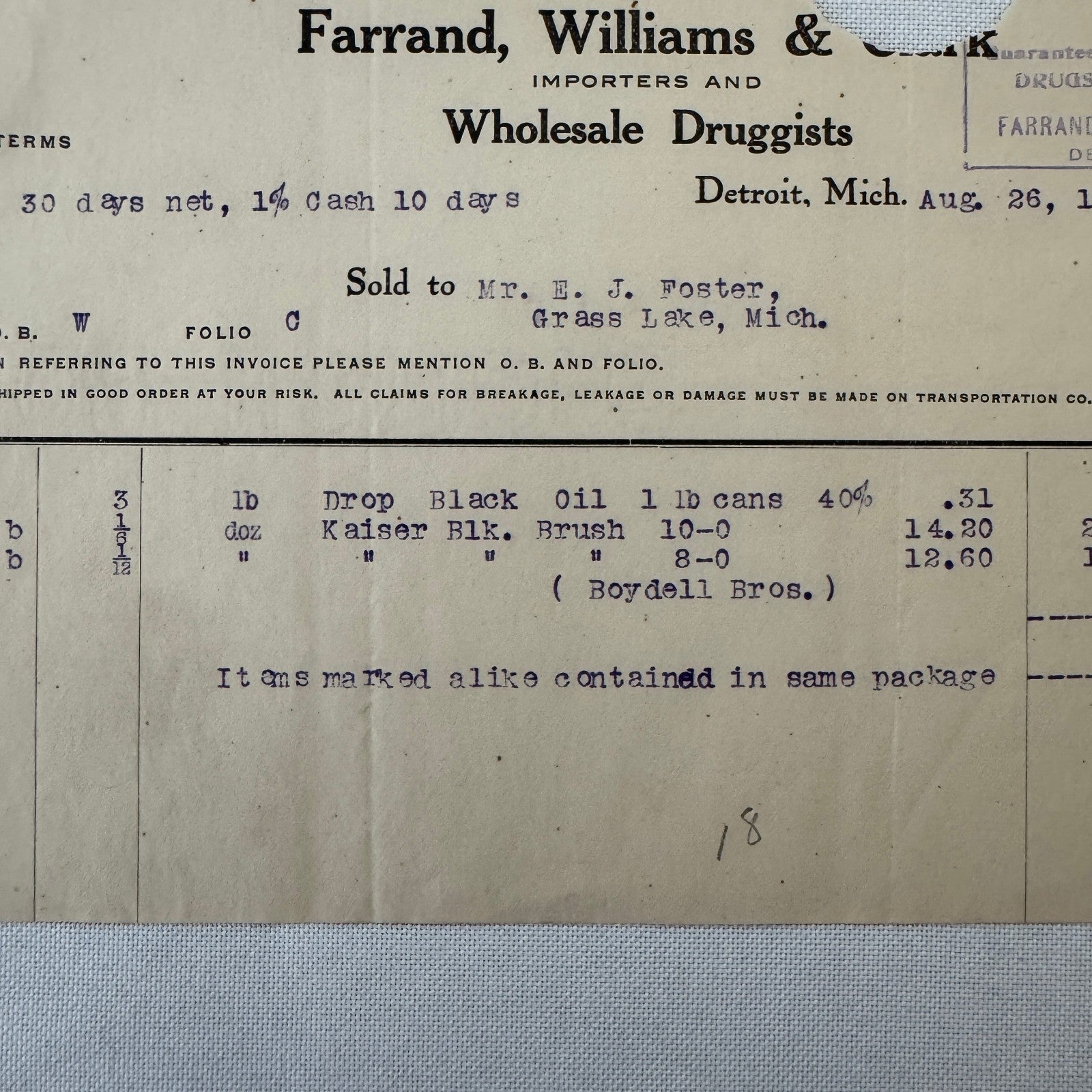 Farrand Williams and Clark Wholesale Druggists Detroit 1908 Invoice Receipt Lot