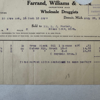 Farrand Williams and Clark Wholesale Druggists Detroit 1908 Invoice Receipt Lot