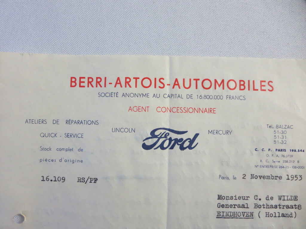 1953 French Ford Dealer Dealership Letter Letterhead Document Car - Berri Artois