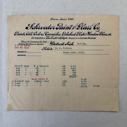 Schroeder Paint & Glass Company Detroit Michigan 1908 Receipt Document Lot 5x