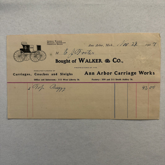 1907 Walker and Company Ann Arbor Carriage Works Receipt Letterhead Document