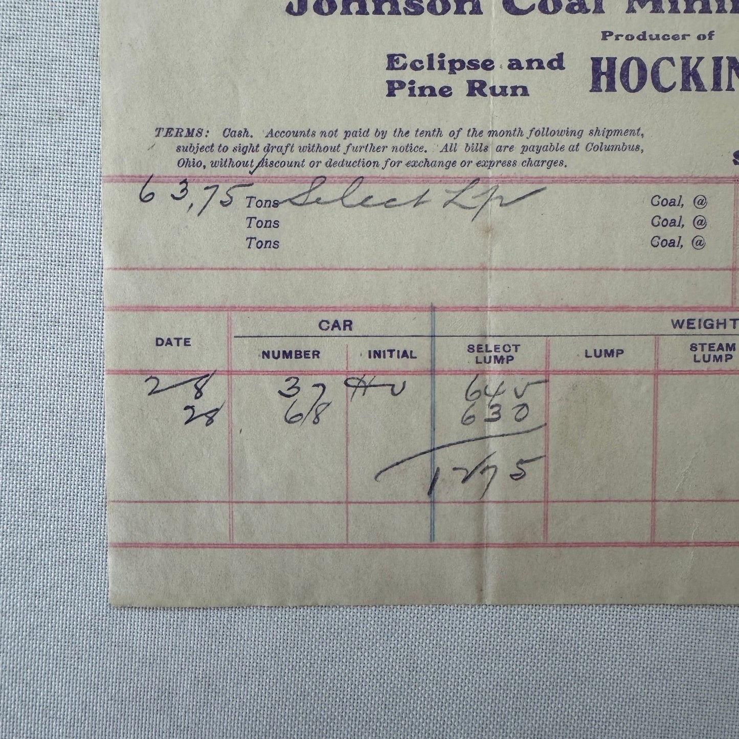 Johnson Coal Mining Company Receipt Invoice Document Letterhead 1908 Columbus OH