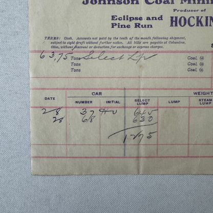 Johnson Coal Mining Company Receipt Invoice Document Letterhead 1908 Columbus OH