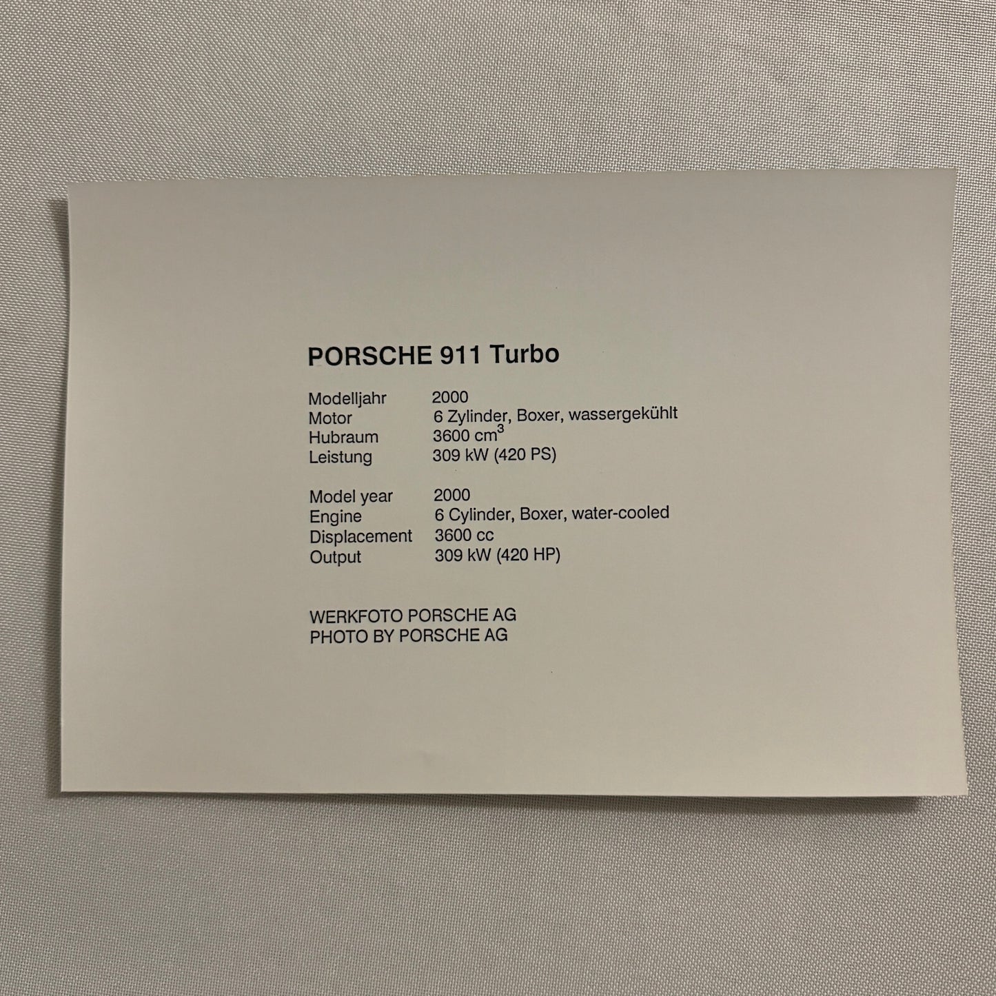 2000 Porsche 911 Turbo Factory Press Photo Photograph Werkfoto