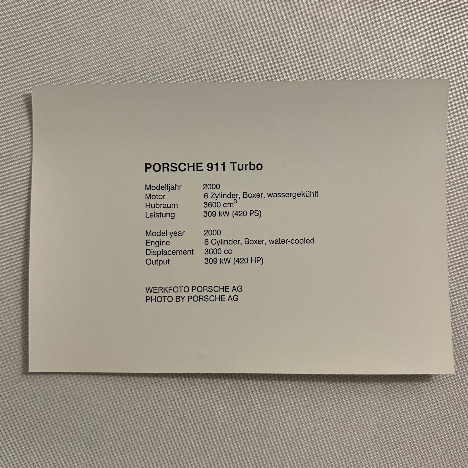 2000 Porsche 911 Turbo Factory Press Photo Photograph Werkfoto