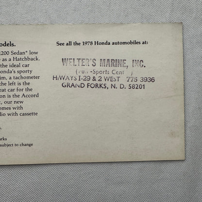 1978 Honda Advertising Sales Sheet Brochure Flyer Civic 1200 CVCC Hatchback +