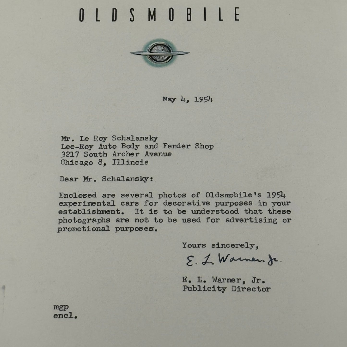 1954 Oldsmobile Letter Letterhead Vintage Document Signed Publicity Director