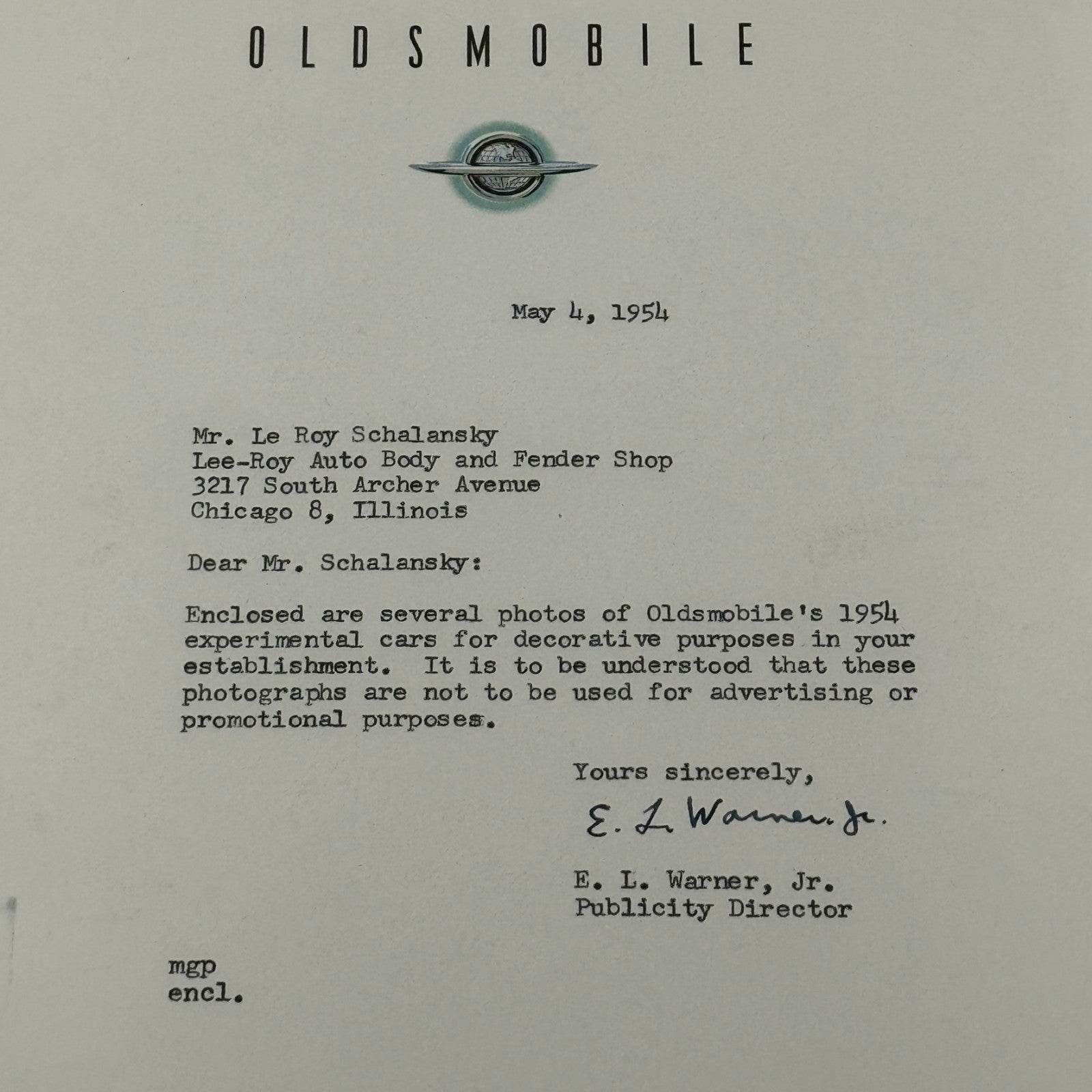 1954 Oldsmobile Letter Letterhead Vintage Document Signed Publicity Director